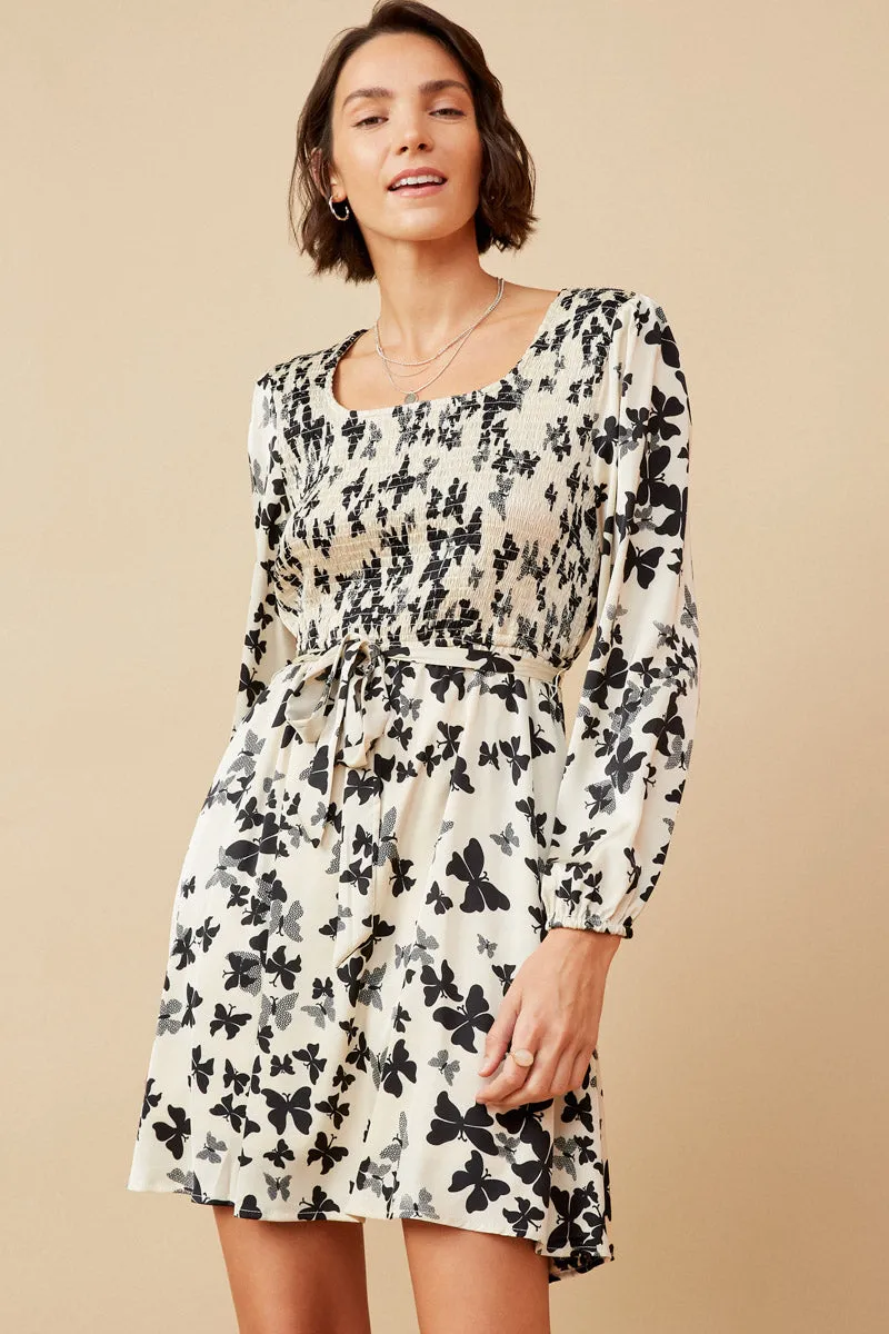 Simple Spirit Noble Aura Butterfly Print Smocked Satin Dress With Belt