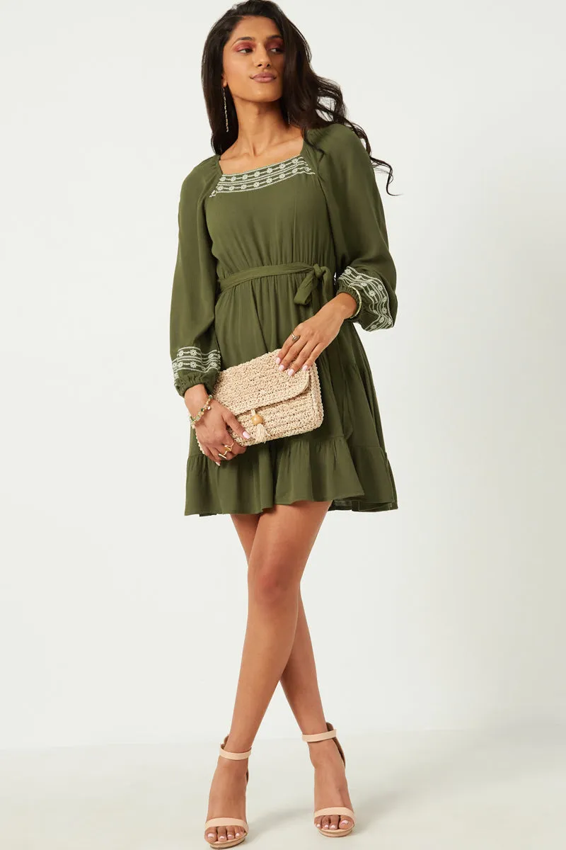 Matte-finish Embroidered Square Neck Long Sleeve Belted Dress