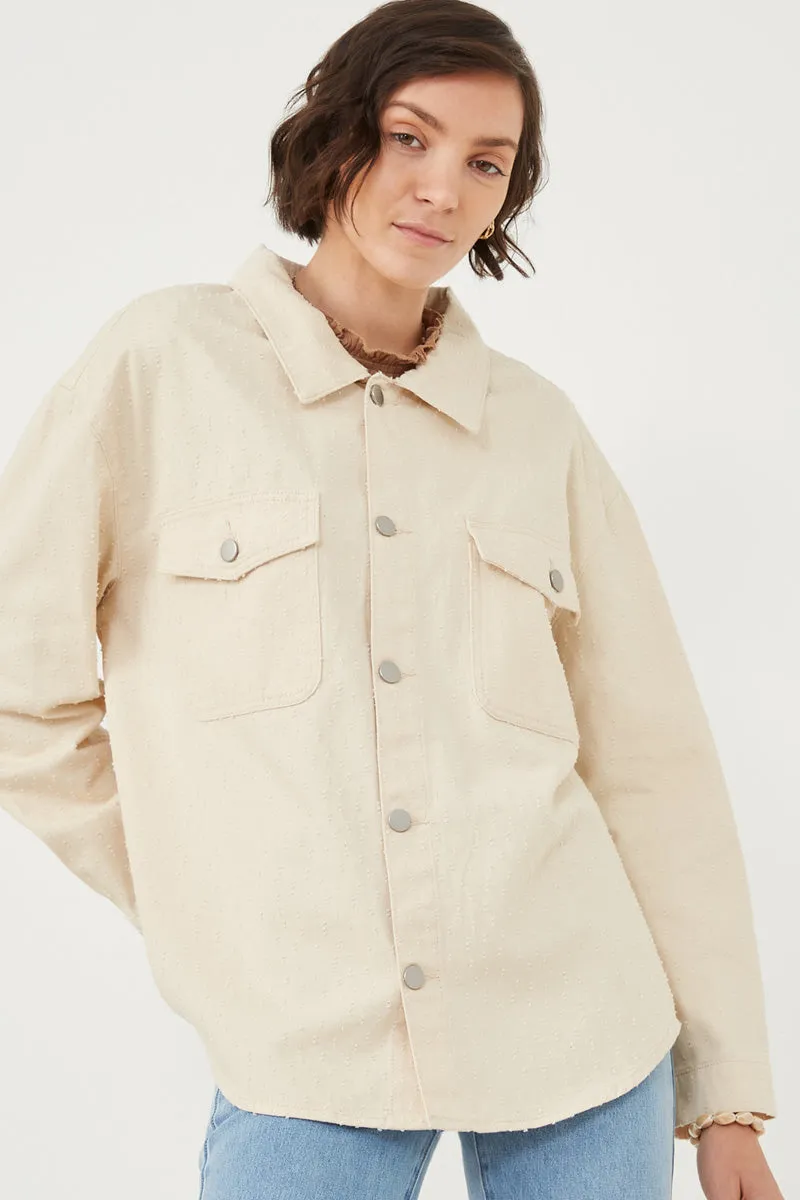Distressed Detail Button Up Shacket Micro Perforated Panels Tear Resistant Material
