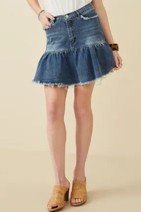 Distressed High Waist Drop Hem Denim Skirt Rayon drape Travel Ready