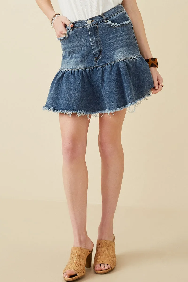 Distressed High Waist Drop Hem Denim Skirt Rayon drape Travel Ready