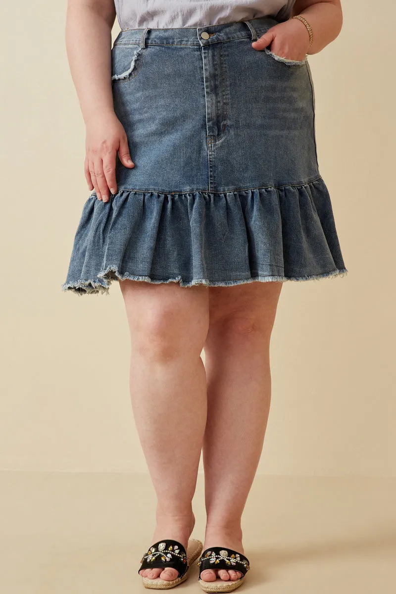 Modular Attachment Distressed High Waist Drop Hem Denim Skirt