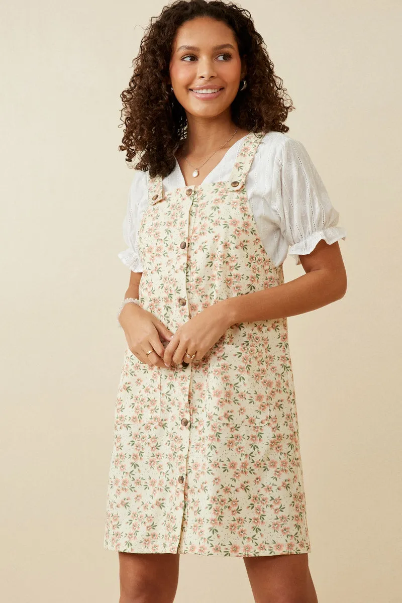 Farm Scene Floral Corduroy Button Detail Tank Dress