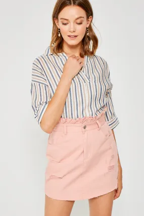 Distressed Paperbag Denim Skirt StretchMaterial HiddenDrawcord