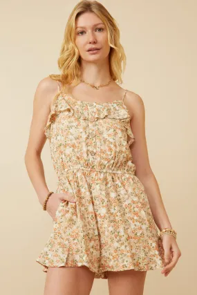Fine Texture Travel-Essential Ditsy Floral Button Detail Ruffle Tank Romper