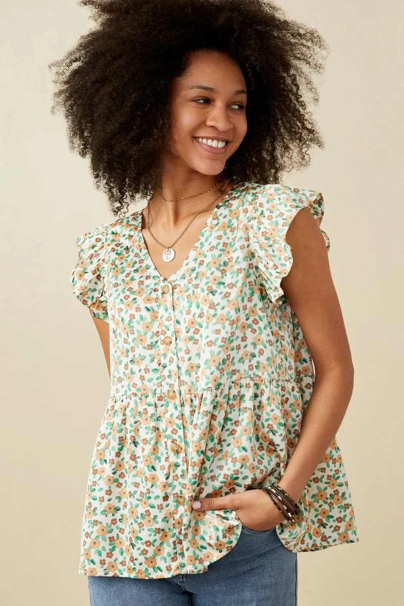 Ditsy Floral Button Down Ruffled Peplum Tank Convertible Neckline MoistureWicking Fabric