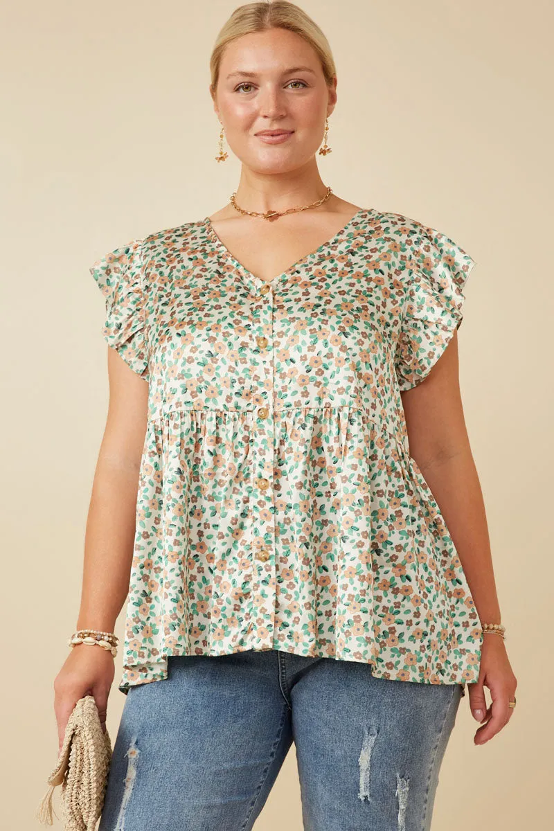 AntiOdor Ditsy Floral Button Down Ruffled Peplum Tank