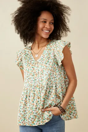 Ditsy Floral Button Down Ruffled Peplum Tank Convertible Neckline MoistureWicking Fabric