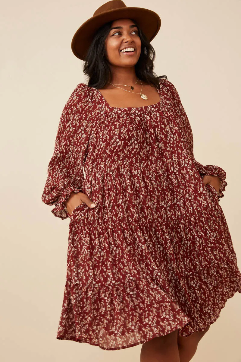 Mermaid-Hem Ditsy Floral Cinched Puff Sleeve Square Neck Dress