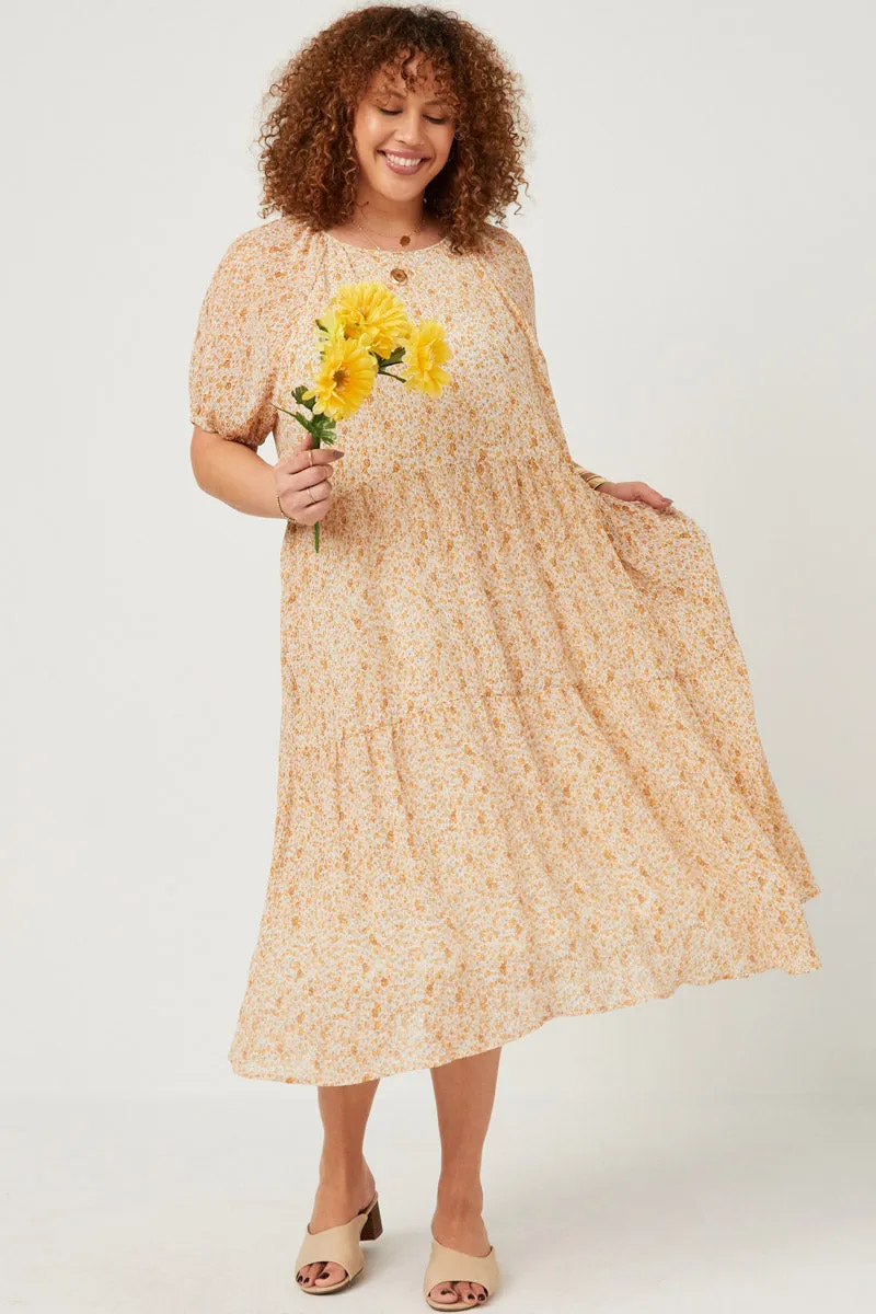 Ditsy Floral Crinkled Puff Sleeve Tiered Dress Quiet Mood Sleek Form