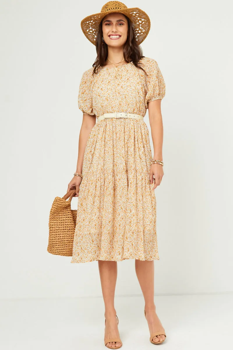 City Layering Cozy Cut Ditsy Floral Crinkled Puff Sleeve Tiered Dress