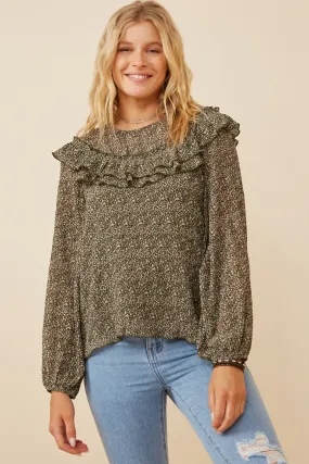 Soft Texture Ditsy Floral Long Sleeve Ruffle Bibbed Top