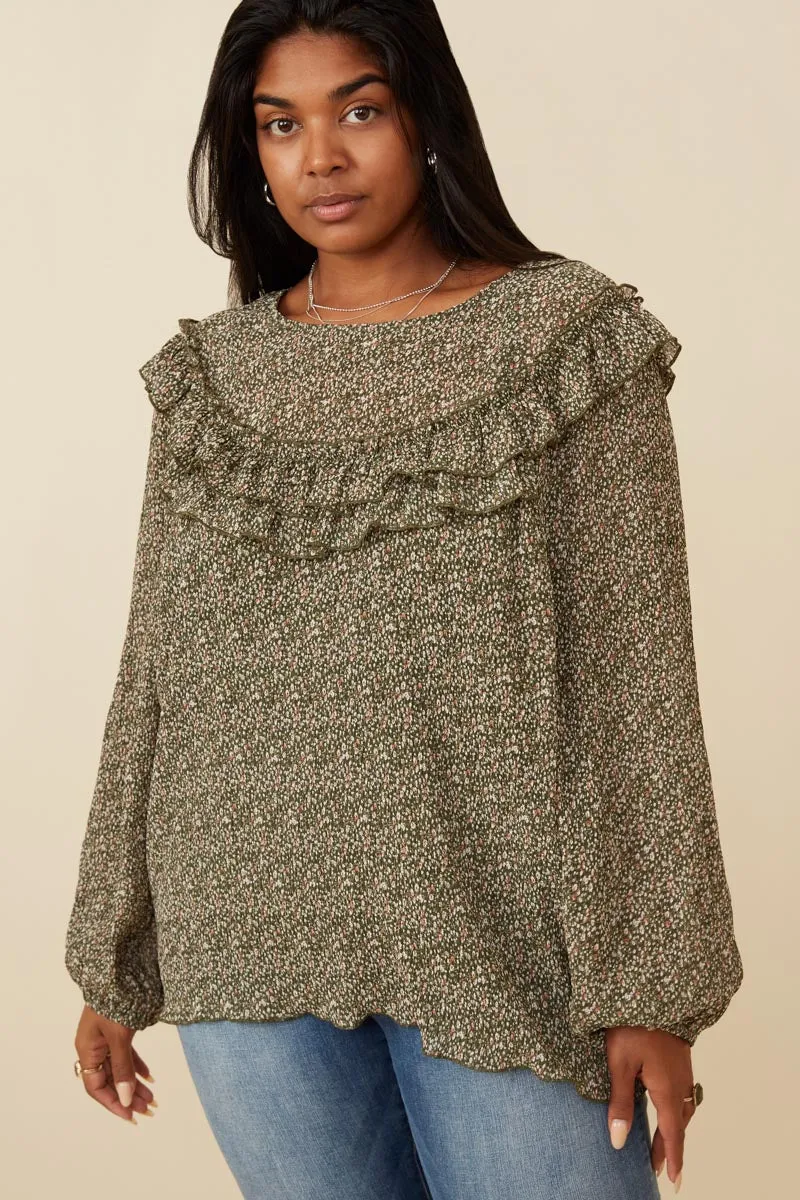 NonIrritating Seams AntiPill Finish Ditsy Floral Long Sleeve Ruffle Bibbed Top