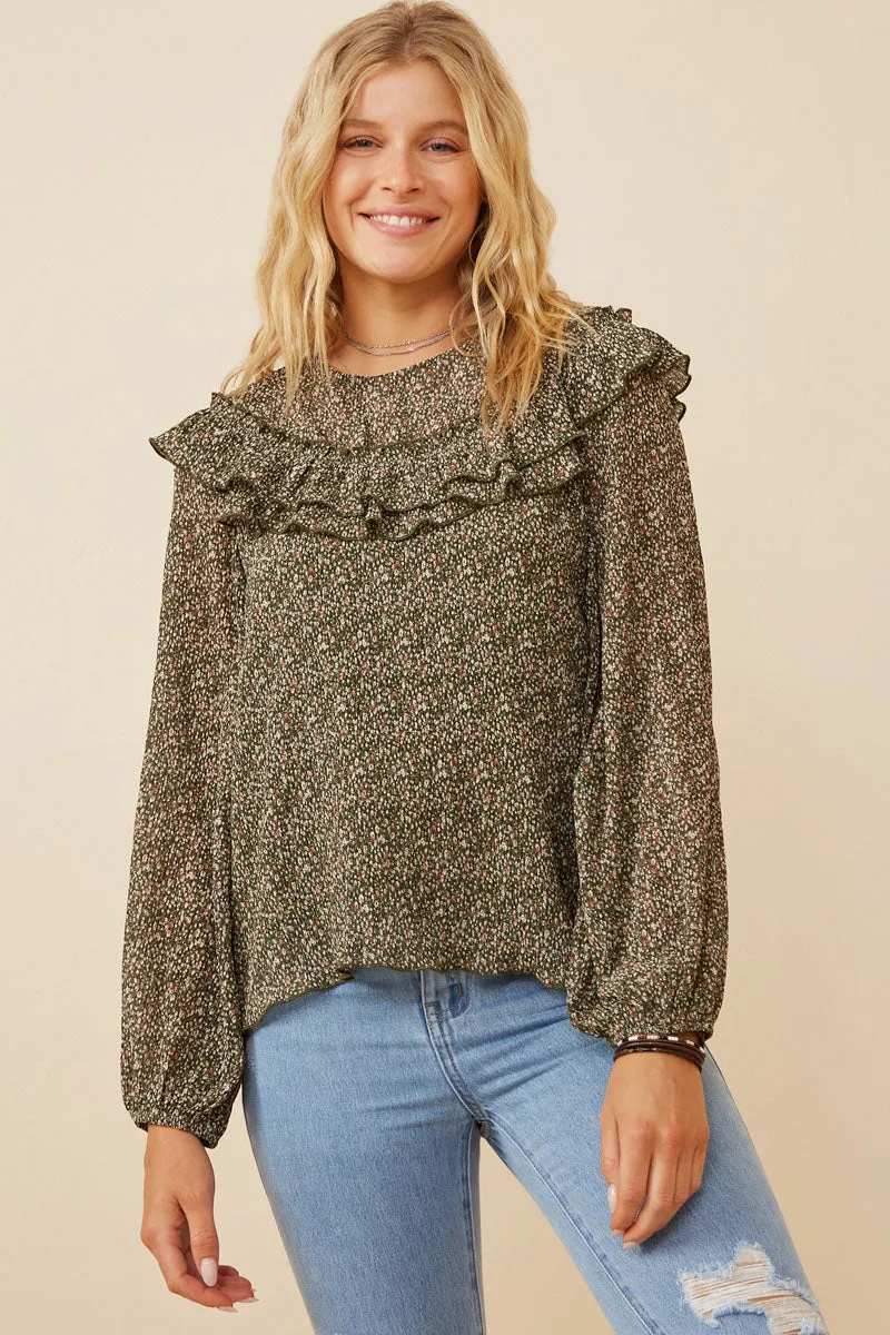 Soft Texture Ditsy Floral Long Sleeve Ruffle Bibbed Top