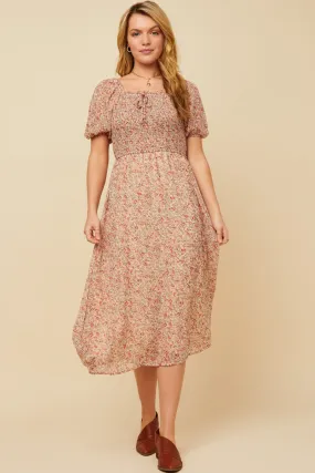 Dreamy Touch Modern Design Ditsy Floral Puff Sleeve Smocked Square Neck Dress