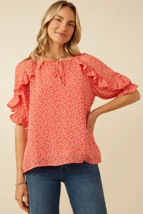 Ditsy Floral Ruffle Detail Tie Detail Top Casual Tee OdorResistant Treatment