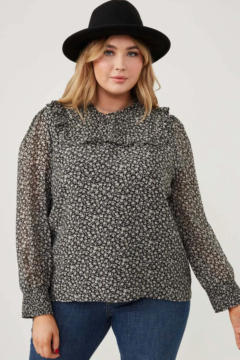 Airflow Ventilation SelfFabric Binding Ditsy Floral Ruffled Bib Smocked Cuff Top