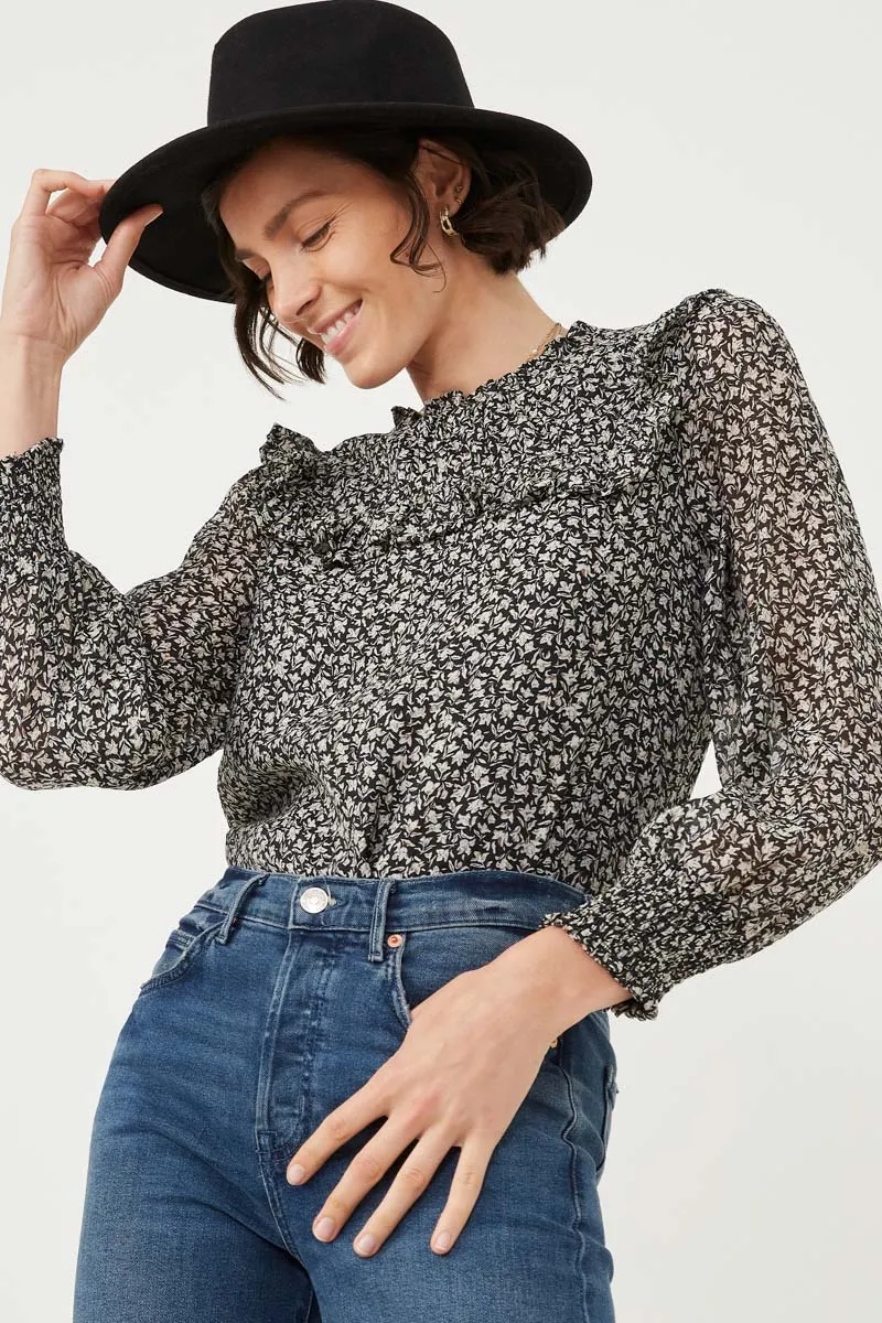 Ditsy Floral Ruffled Bib Smocked Cuff Top Ergonomic Pattern Design Outdoor Wear