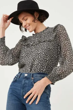 Ditsy Floral Ruffled Bib Smocked Cuff Top Ergonomic Pattern Design Outdoor Wear