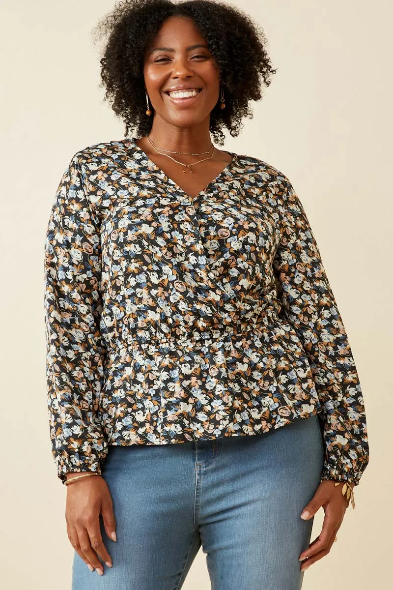 Ditsy Floral Surplice Long Sleeve Chiffon Peplum RelaxedNeckline