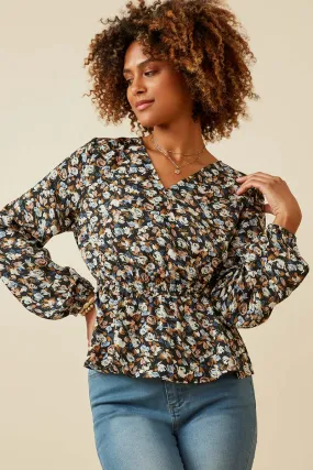 Ditsy Floral Surplice Long Sleeve Chiffon Peplum Elasticated Trim