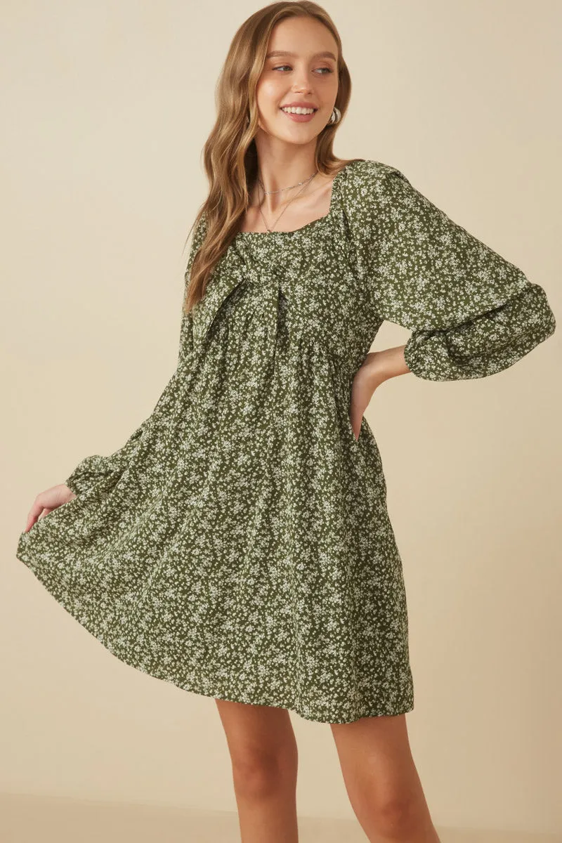 Ditsy Floral Tie Front Smocked Back Dress Light Weave Off-Shoulder