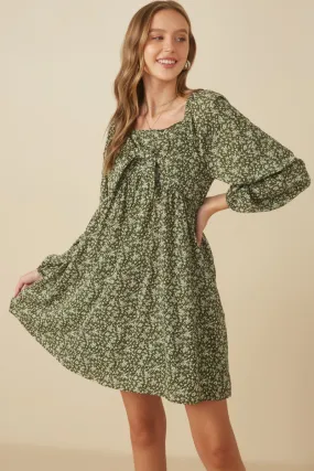 Mesh-Sleeve Ditsy Floral Tie Front Smocked Back Dress