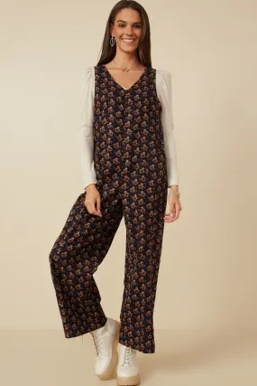 Bare Arm Grass Soft Ditsy Floral V Neck Sleeveless Corduroy Jumpsuit