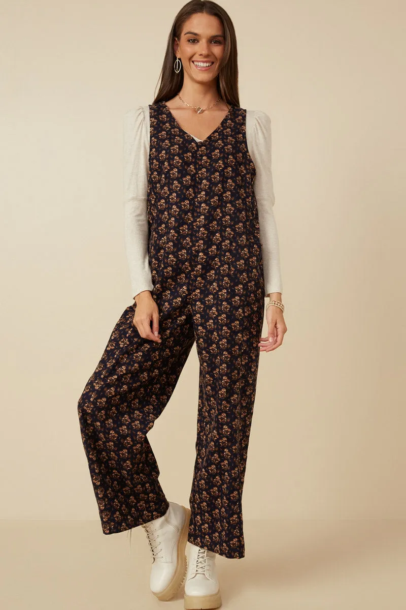 Stylish Mood Ditsy Floral V Neck Sleeveless Corduroy Jumpsuit