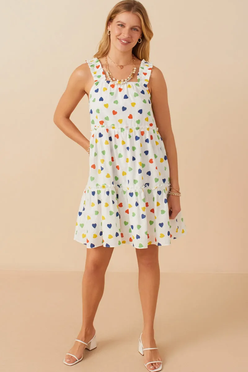 Ditsy Heart Tiered Elastic Shoulder Tank Dress Soft Pleats Dinner Outfit