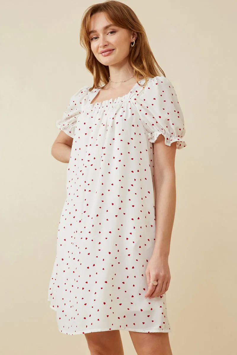 Ditsy Hearts Square Neck Puff Sleeve Dress Wrap-Style