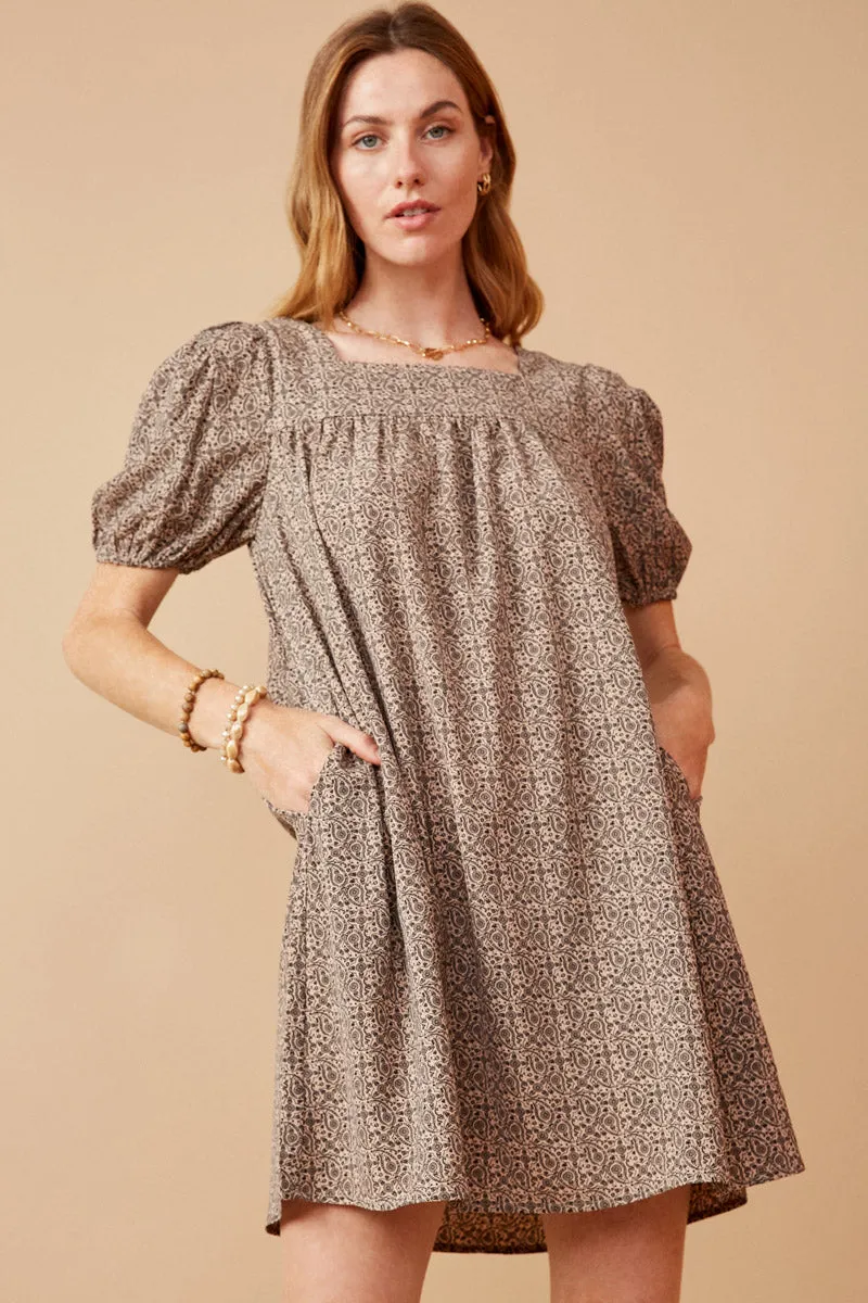 Ditsy Paisley Print Square Neck Puff Sleeve Dress Warm Soft