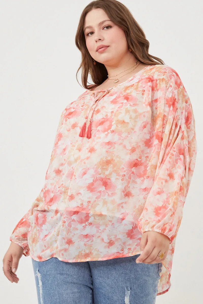 Dolman Sleeve Tie Front Floral Chiffon Top AntiStaticInnerLining