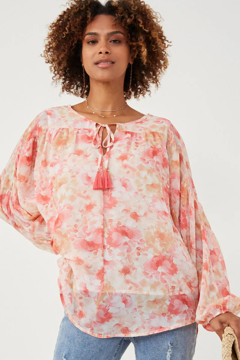 Dolman Sleeve Tie Front Floral Chiffon Top ReinforcedHem Stretch waistband