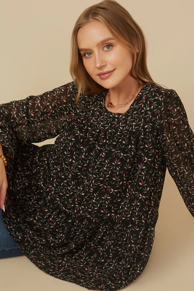 Reflective Safety Trim Ditsy Floral Cinch Sleeve Tiered Top