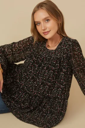 Reflective Safety Trim Ditsy Floral Cinch Sleeve Tiered Top