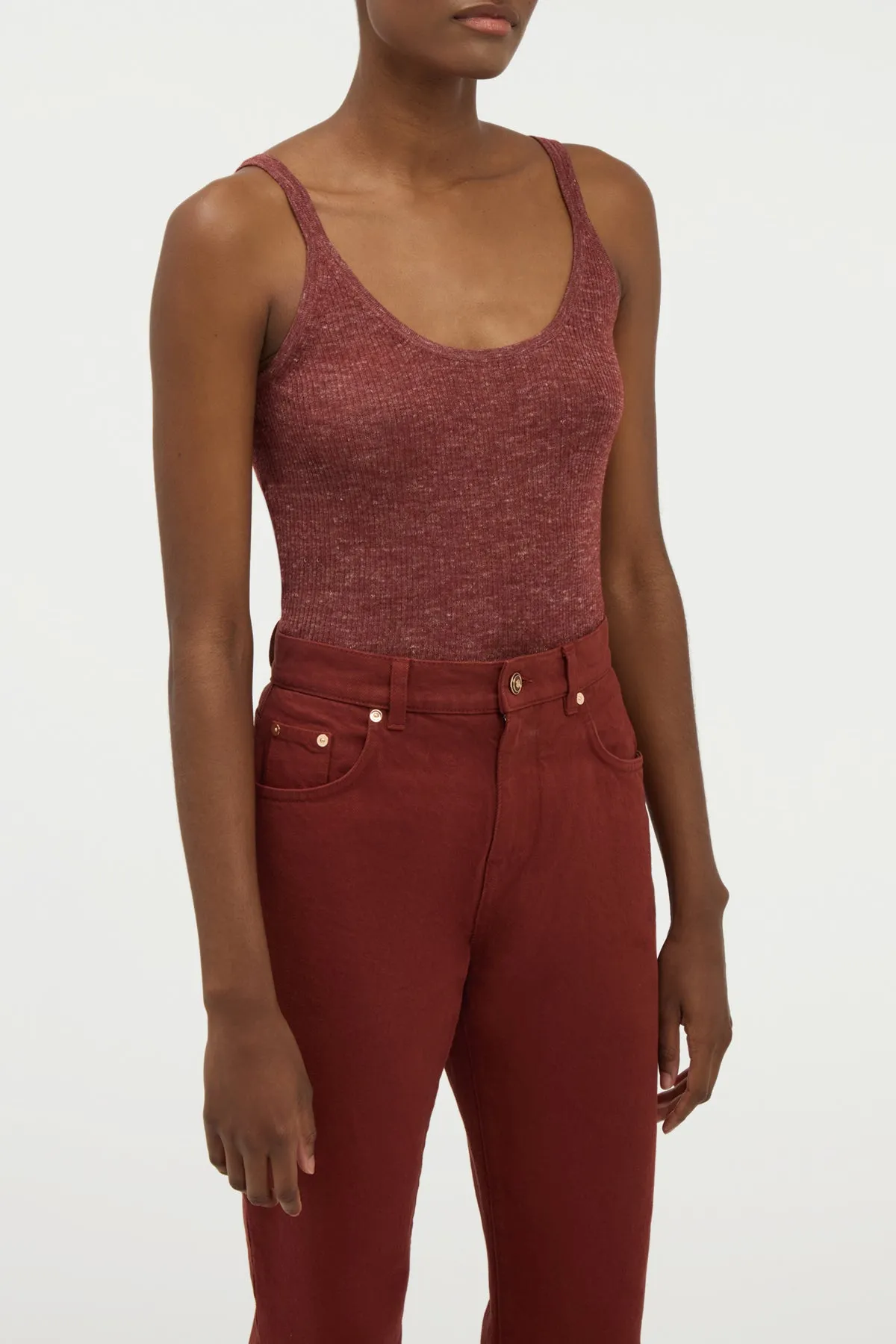 Cinxia Knit Tank Top in Burnt Sienna Cashmere Silk with Hemp NonChafe Tag Placement Durable Double Stitching