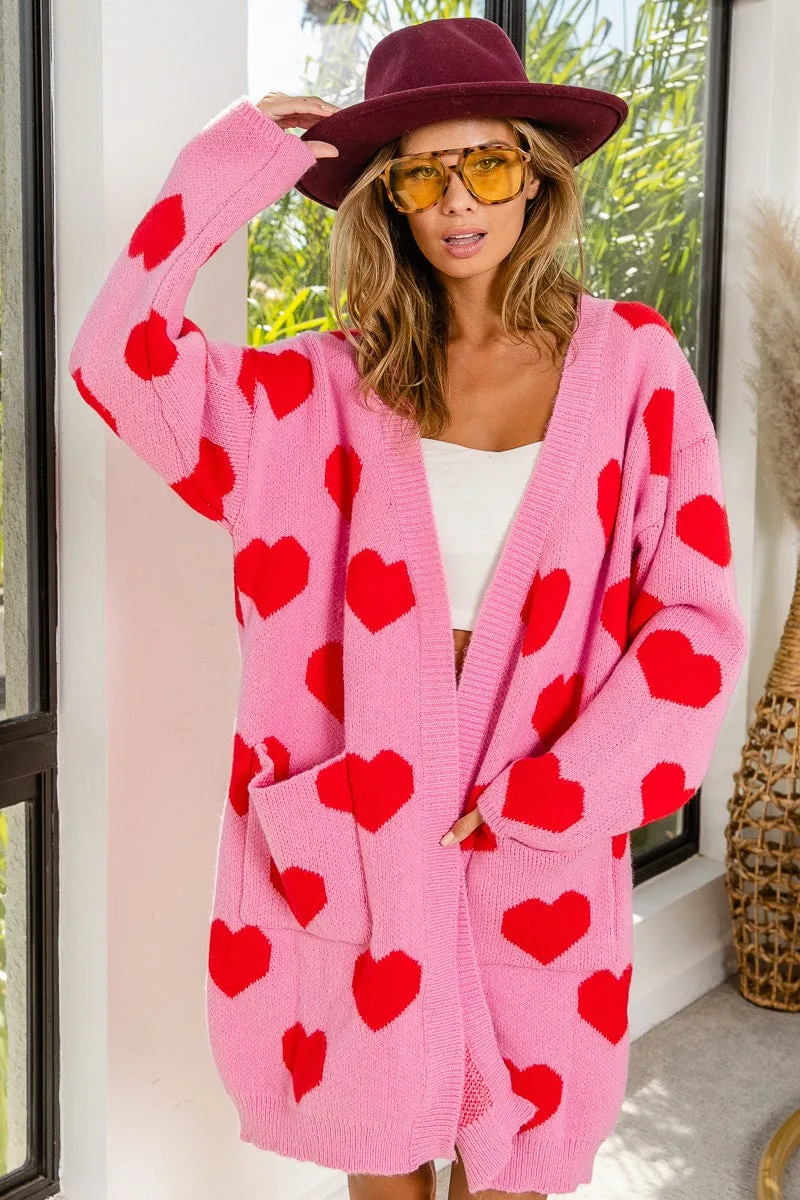 IP6449G-01 | HEART PATTERN LONG KNIT CARDIGAN WITH POCKETS Stripe Look