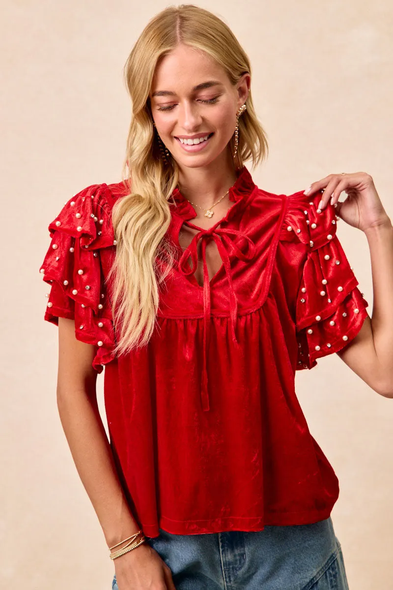 IT4767S-02 | BEADS DETAIL RUFFLED SLEEVES VELVET CHRISTMAS TOP Smooth Finish Button front