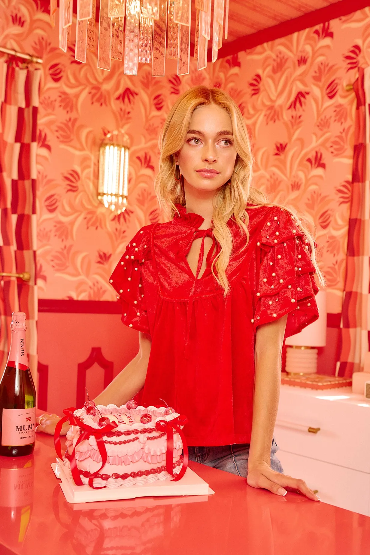 Modern Edge Reflective Trim IT4767S-02 | BEADS DETAIL RUFFLED SLEEVES VELVET CHRISTMAS TOP