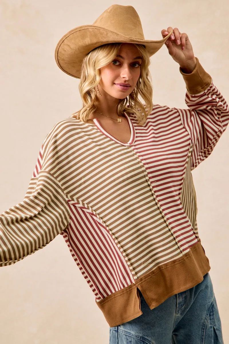 NonSlipInnerGrip Multi Purpose IT4639S-01 | STRIPE THERMAL KNIT COLOR BLOCK TOP WITH OPEN SEAM