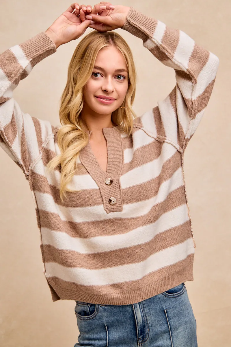 MultiPocket WrinkleFreeFinish IT4865S-01 | STRIPE SWEATER BUTTONED V NECK TOP WITH OUTSEAM