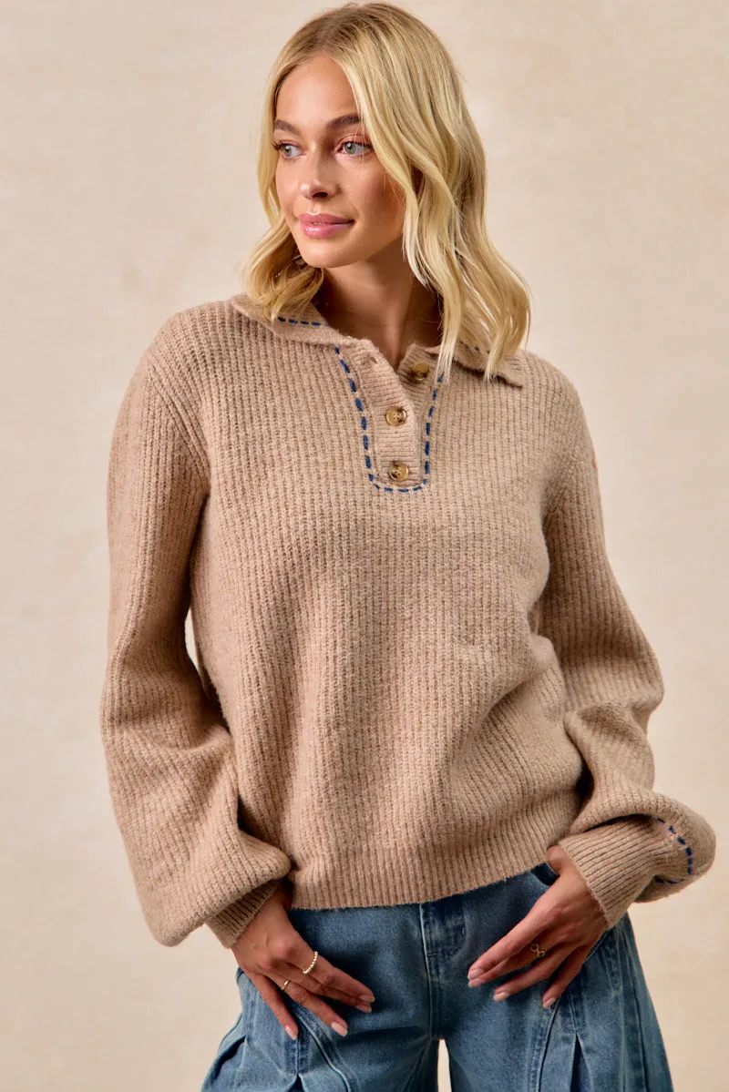 IT4592S-01 | SOLID SWEATER BUTTONED COLLARED TOP Slim Design Snag Proof Fabric