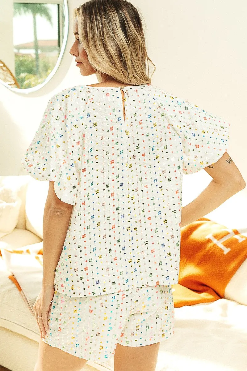 IB1268G-06 | SEQUIN STRIPED RAGLAN TOP SHORT SET Ventilated Panels Effortless Style