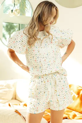 IB1268G-06 | SEQUIN STRIPED RAGLAN TOP SHORT SET Bootcut shape Non Irritating Tags