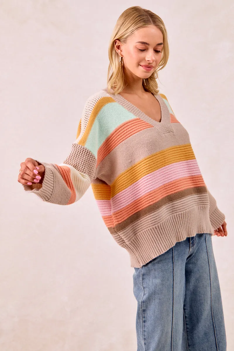 Formal Look StretchFabric IT4306R-01 | MULTI COLORS STRIPES RIB BANDED V-NECK SWEATER TOP