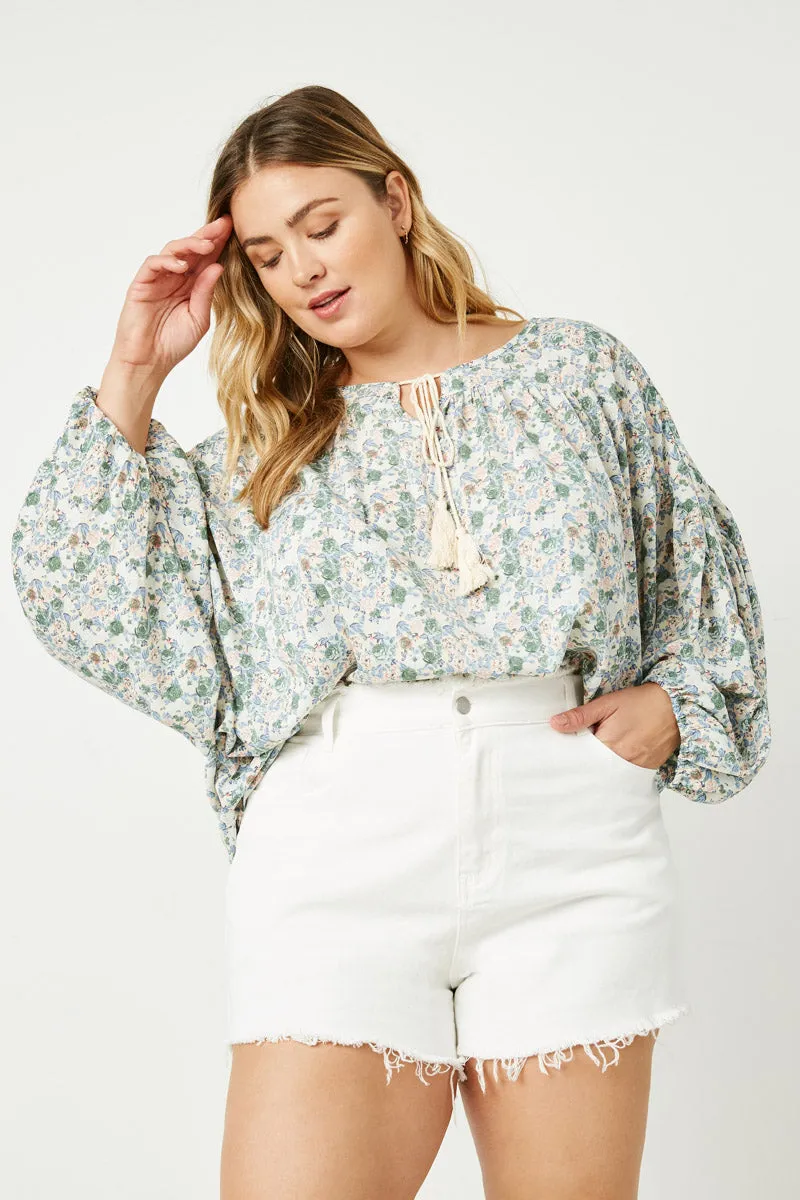 ConvertibleCollar Natural Fiber Blend Floral Balloon Sleeve Tassel Tie Top