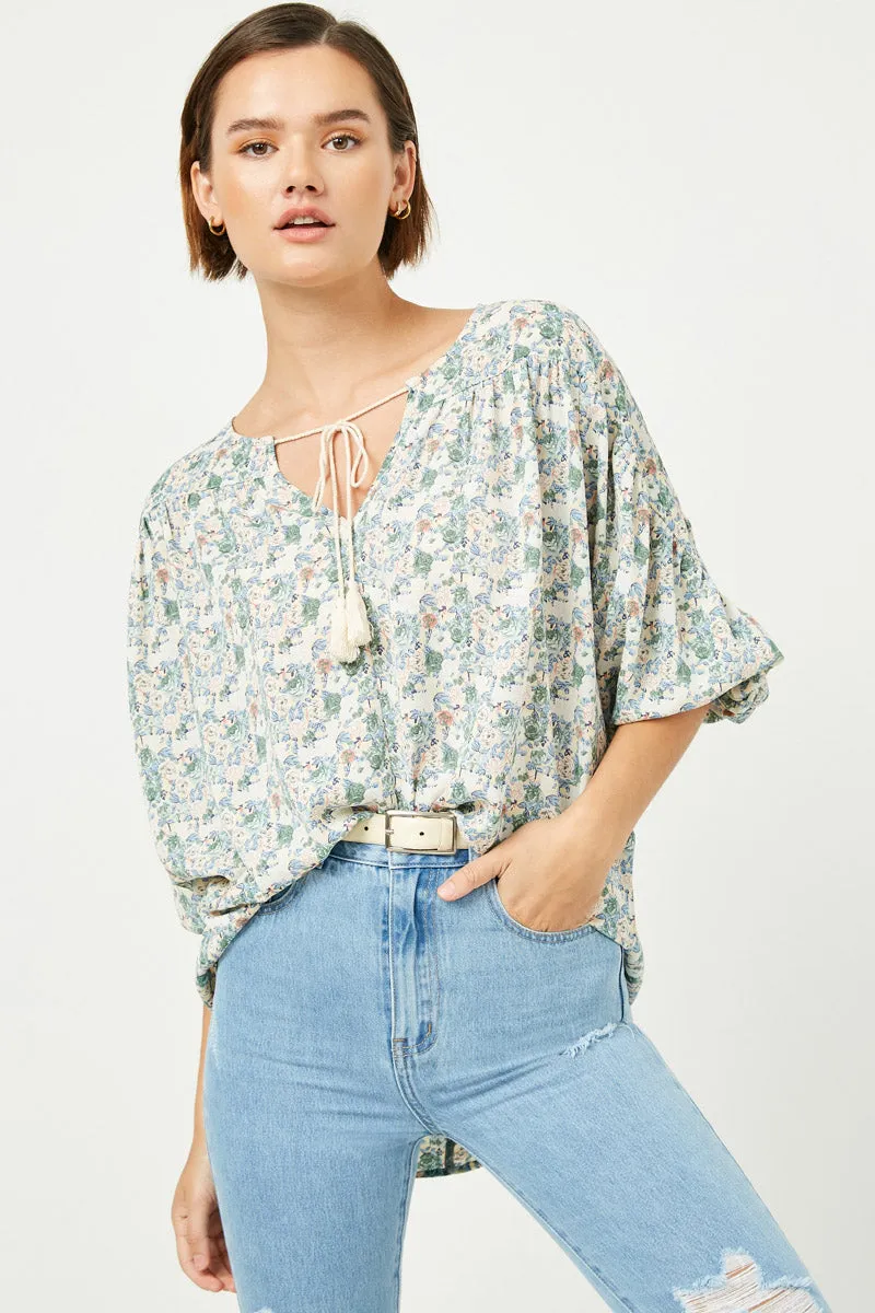LaserCut Edges Floral Balloon Sleeve Tassel Tie Top