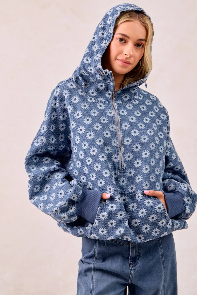 VentilatedMeshPaneling IP8347S-58 | WASHED FLOWER PATTERN DENIM HOODIE TOP
