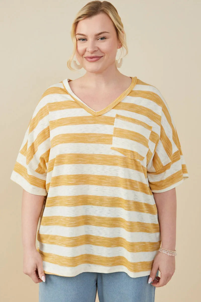 LowMaintenance Fabric BondedEdges Relaxed Fit Marled Striped Raw Edge Knit T Shirt